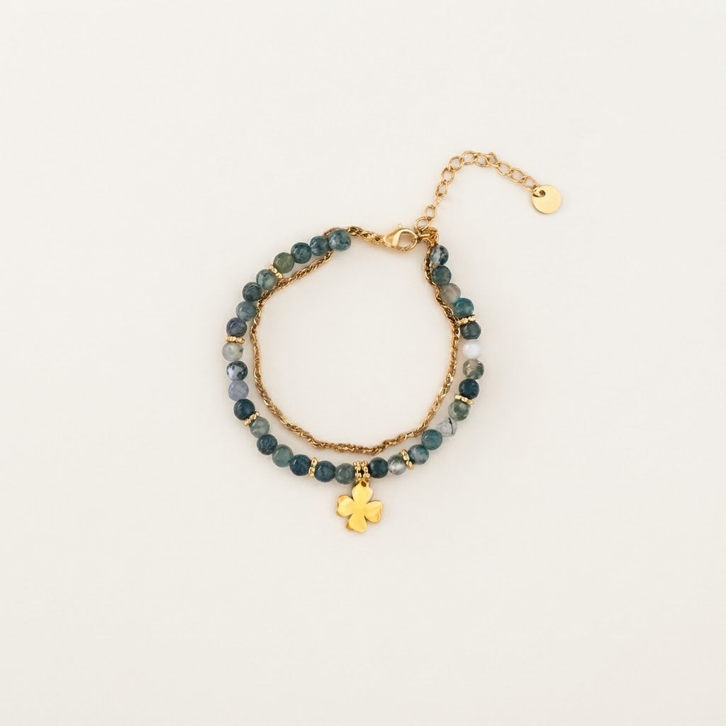 Bracelet EVA en agate mousse, chaîne dorée avec breloque - L'atelier de Julia