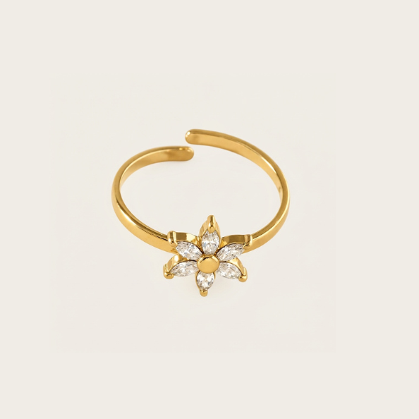 Bague Selena ajustable à fleur strassée, acier inoxydable doré - L'atelier de Julia