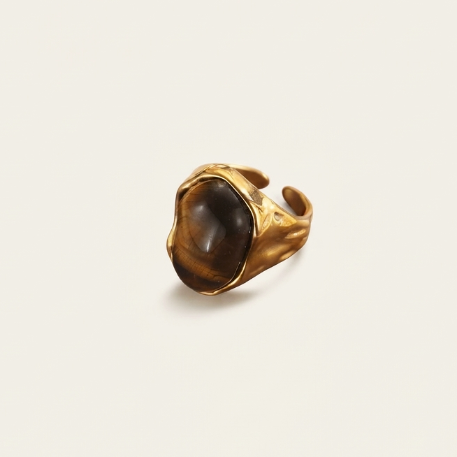 Bague Lena en œil de tigre, acier inoxydable doré - L'atelier de Julia